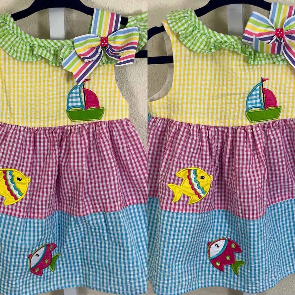 Lot 2 Matching Seersucker Dresses Girls 6-9M Gingham Twins Beach Ocean Sea Life